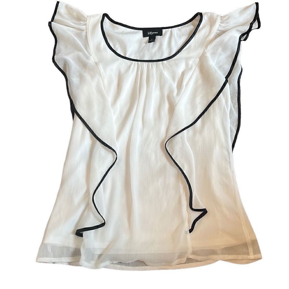 IZ‎ Byer EUC White Black Trim Flowy Ruffle Sleeve Blouse Sz S